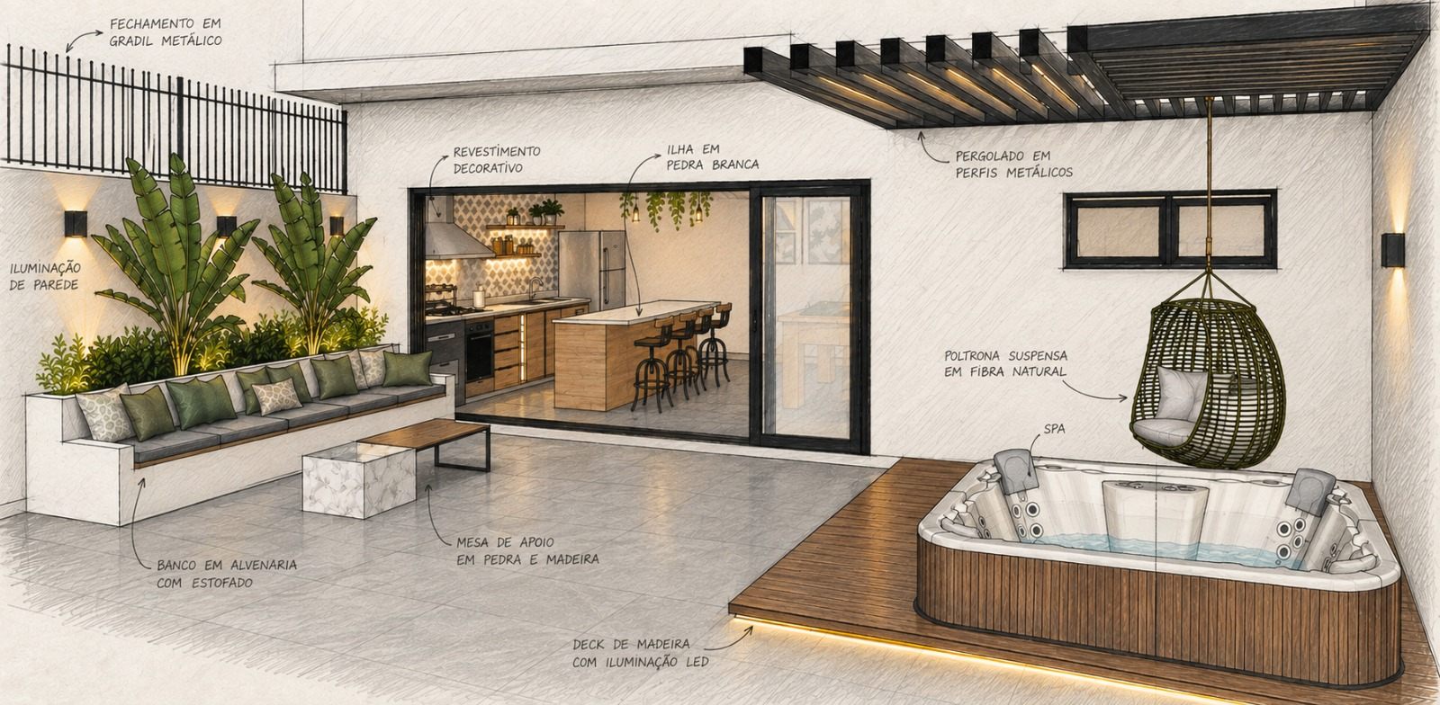 Estudo em croqui técnico — Área Gourmet G&J